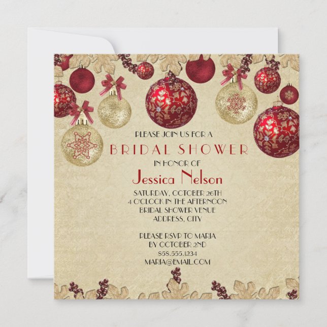 Invitation Fête des mariées d'ornements or/rouge hiver (Devant)