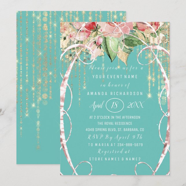 Invitation Fête des mariées Douce 16e Rose Florals Aqua (Devant / Derrière)