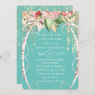 Invitation Fête des mariées Douce 16e Rose Florals Aqua