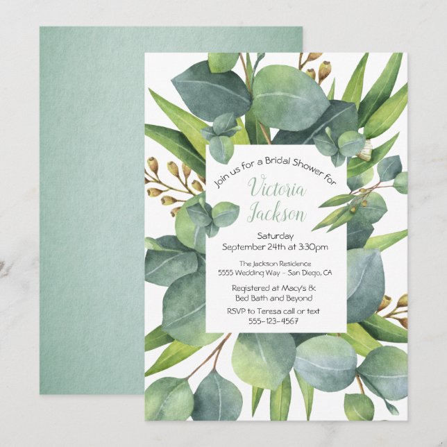 Invitation Fête des mariées du cadre de couronne d'eucalyptus (Devant / Derrière)