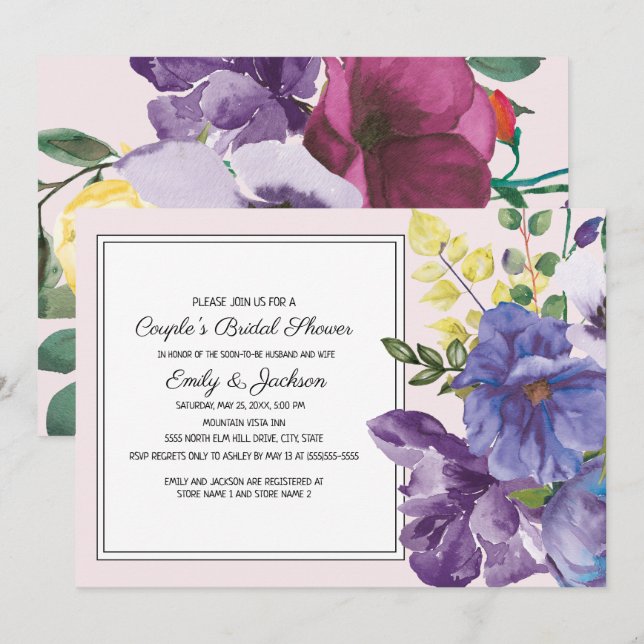 Invitation Fête des mariées du couple de fleurs violet rose-j (Devant / Derrière)