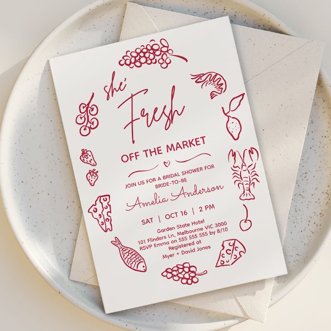 Invitation Fête des mariées du marché des fermiers à dessin b (Red Fresh off the Market Bridal Shower Invitation Whimsical Market Farmers Bridal Shower Invitation )