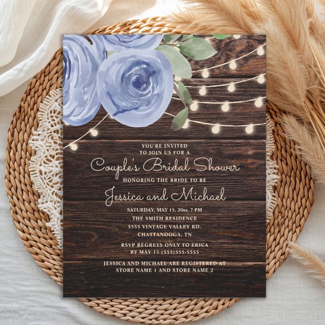 Invitation Fête des mariées du Rustic Blue Floral Couple (Rustic wood and dusty blue watercolor floral couple's bridal shower invitation)