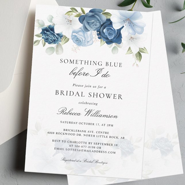 Invitation Fête des mariées Dusty Blue Bloom Élégant (Bridal Shower Script Dusty Blue Floral Invitation)