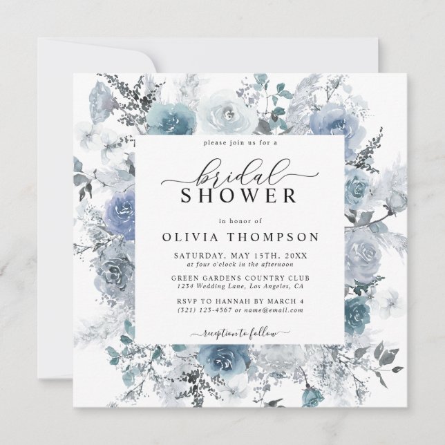Invitation Fête des mariées Dusty Blue Floral Ardoise Pastel  (Devant)