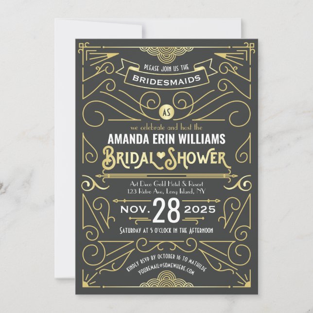 Invitation Fête des mariées Elegant Gold Grey Art Déco (Devant)