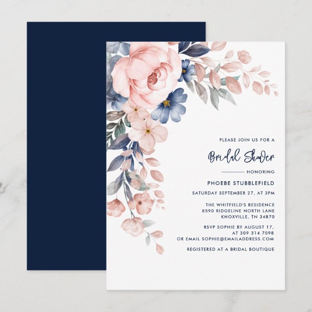 Invitation Fête des mariées élégante à script floral rose (Devant / Derrière)