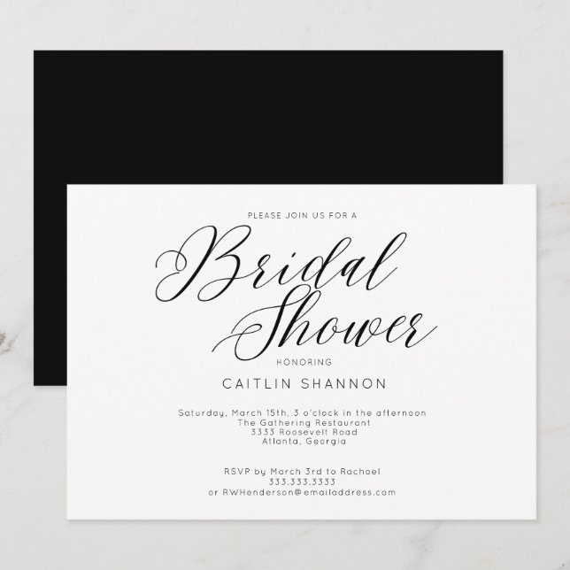 Invitation Fête des mariées élégante Classique Noir Blanc (Devant / Derrière)