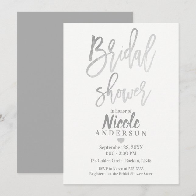 Invitation FÊTE DES MARIÉES Élégante huile d'argent Script mo (Devant / Derrière)