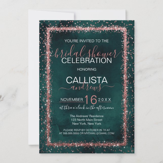 Invitation Fête des mariées Emerald Rose Gold Confetti (Devant)