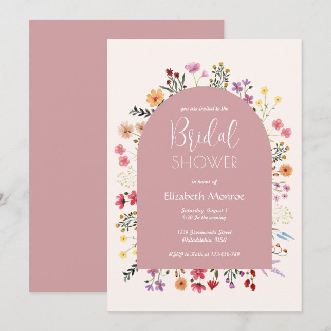Invitation Fête des mariées en arc rose Pastel Fleur sauvage  (Devant / Derrière)