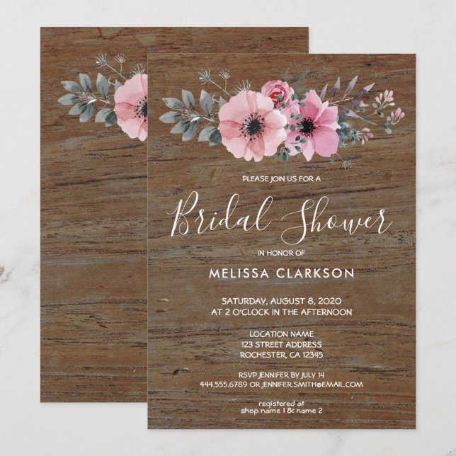 Invitation Fête des mariées en bois de grange fleurs aquarell (Devant / Derrière)