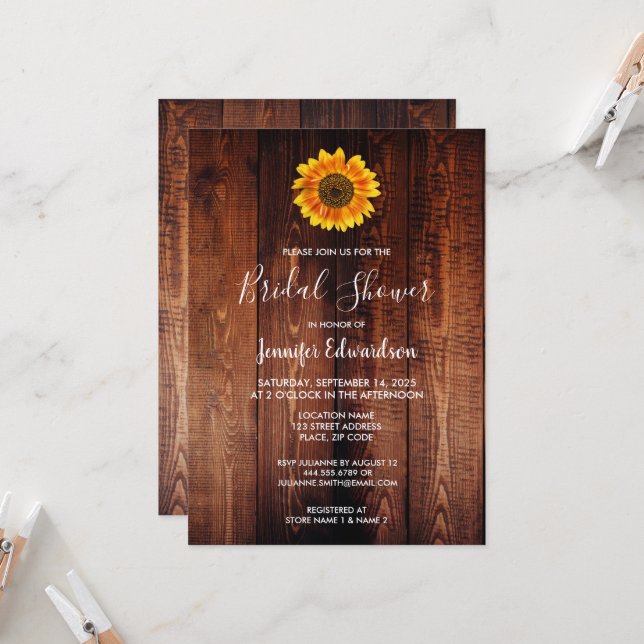 Invitation Fête des mariées en bois de tournesol aquarelle (Devant/Arrière en situation)