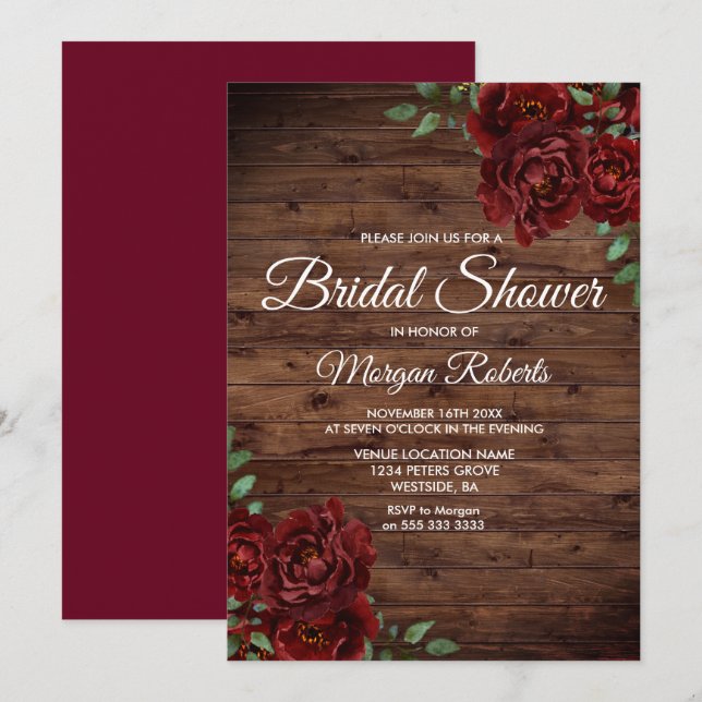 Invitation Fête des mariées en bois rustique de rose rousse d (Devant / Derrière)