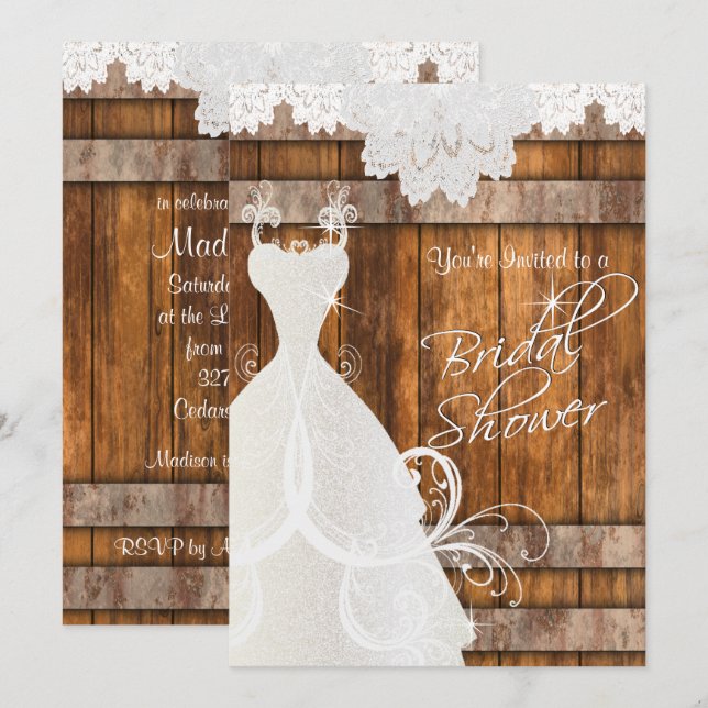 Invitation Fête des mariées en bois rustique et dentelle (Devant / Derrière)