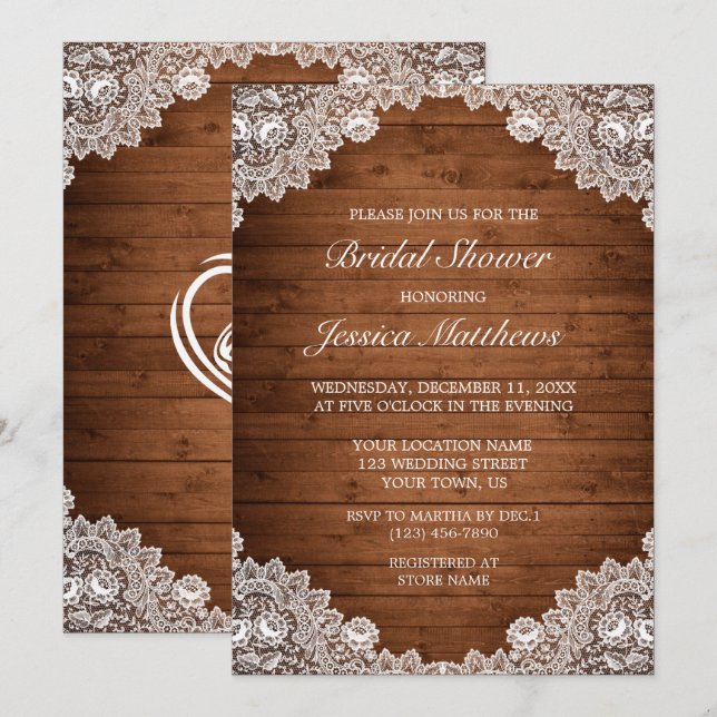 Invitation Fête des mariées en bois rustique et dentelle blan (Devant / Derrière)