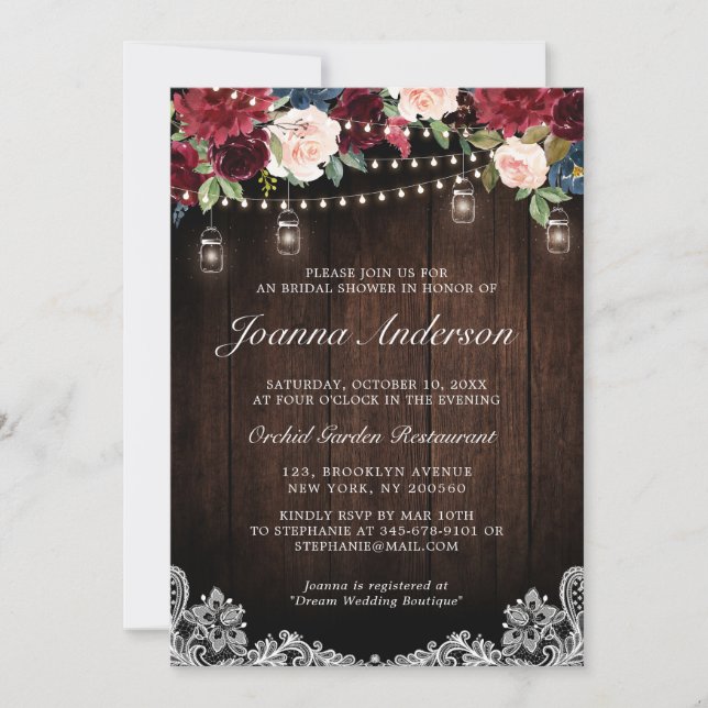 Invitation Fête des mariées en bois rustique Floral Mason Jar (Devant)