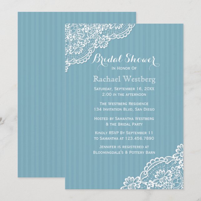 Invitation Fête des mariées en dentelle blanche Bleu Mariage (Devant / Derrière)
