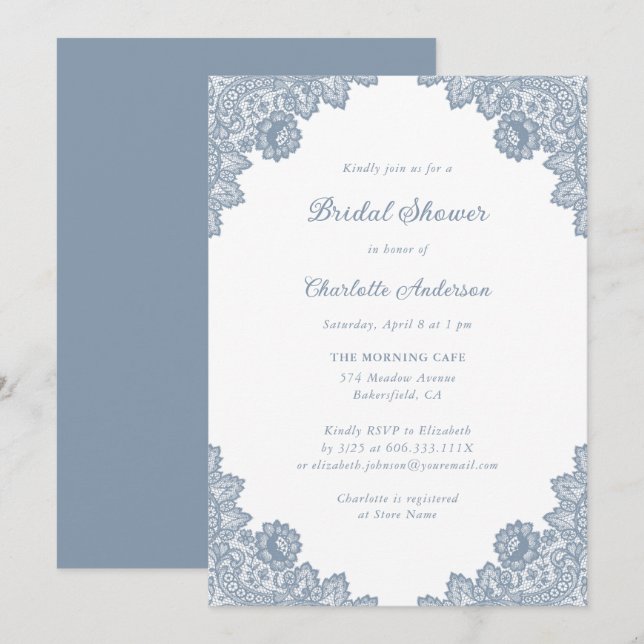 Invitation Fête des mariées en dentelle florale bleu rustique (Devant / Derrière)