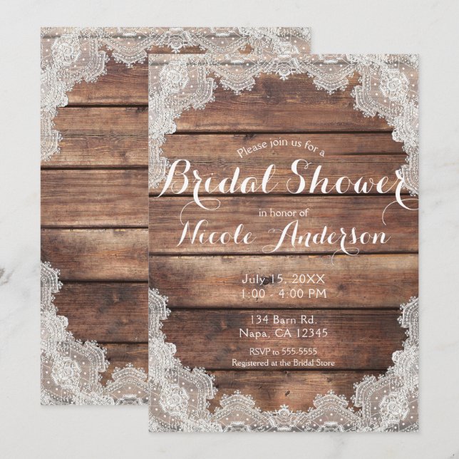 Invitation Fête des mariées en dentelle romantique en bois ru (Devant / Derrière)