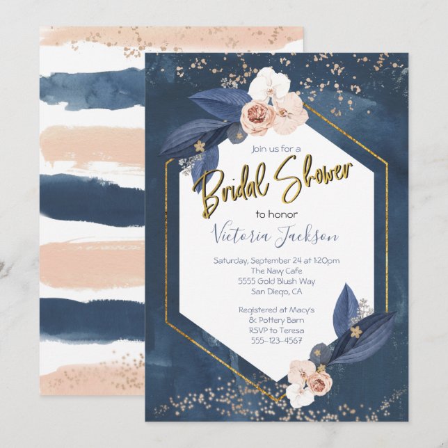 Invitation Fête des mariées en or Blush de la Marine (Devant / Derrière)