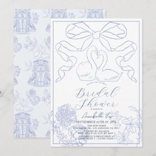 Invitation Fête des mariées en toile bleu cygne de Jouy