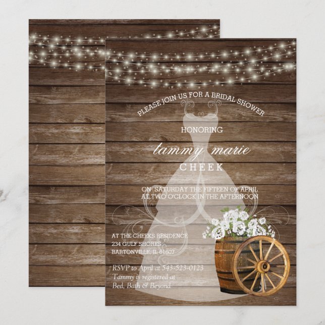 Invitation Fête des mariées en tonneau rustique en bois avec  (Devant / Derrière)