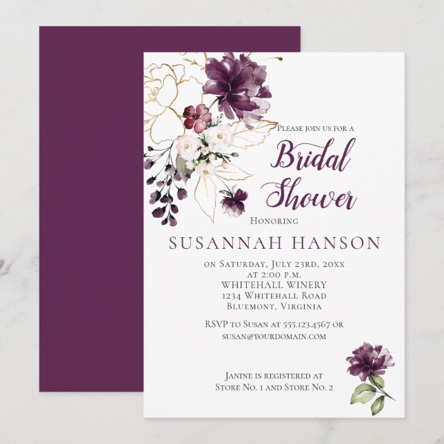 Invitation Fête des mariées encadrée violette et or (Devant / Derrière)