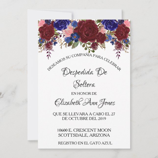 Invitation Fête des mariées espagnole Marine Bourgogne Floral (Devant)