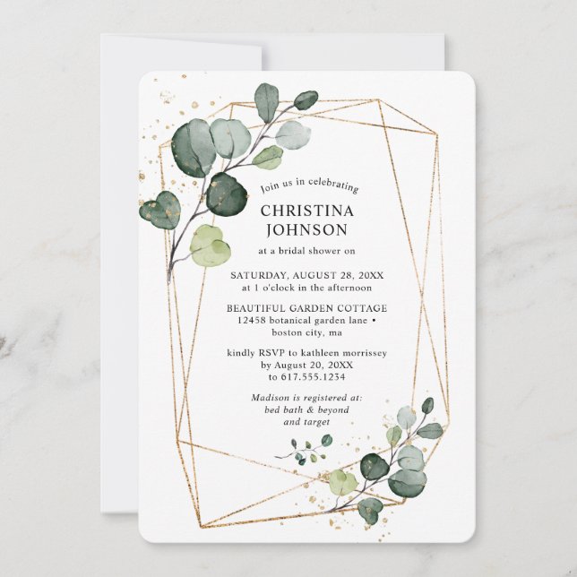 Invitation Fête des mariées Eucalyptus de cadre d'or géométri (Devant)