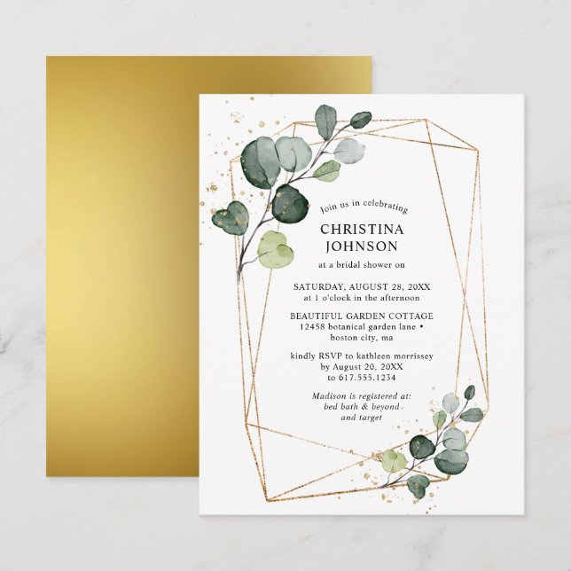 Invitation Fête des mariées Eucalyptus d'or géométrique Petit (Devant / Derrière)