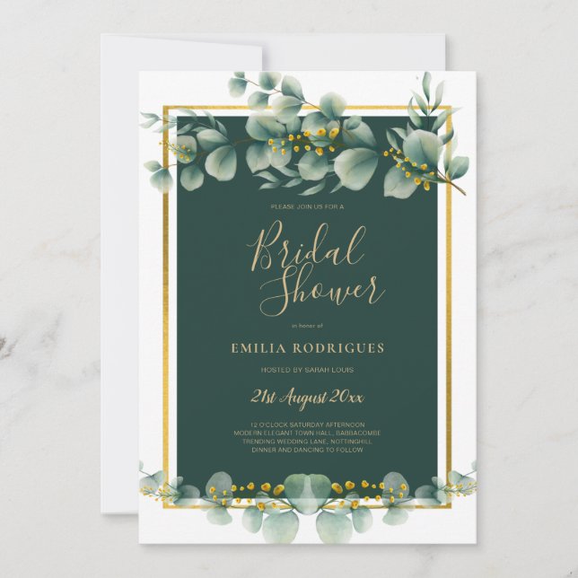 Invitation Fête des mariées Eucalyptus Vert Or QR Code (Devant)