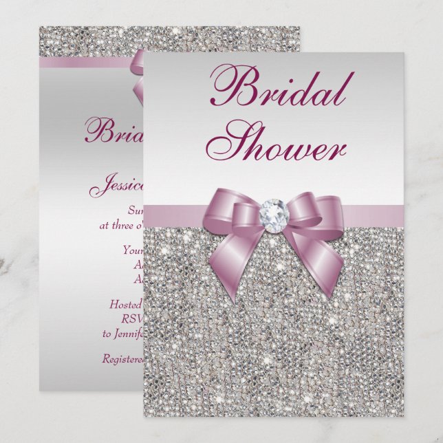 Invitation Fête des mariées Faux Silver Sequins Burgandy Bow (Devant / Derrière)