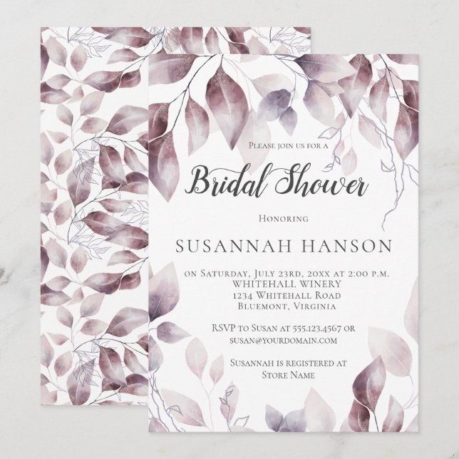 Invitation Fête des mariées Feuille Aquarelle Mauve Rose (Devant / Derrière)