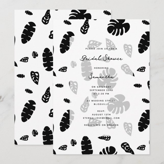 Invitation Fête des mariées Feuille d'été tropicale noire et  (Devant / Derrière)