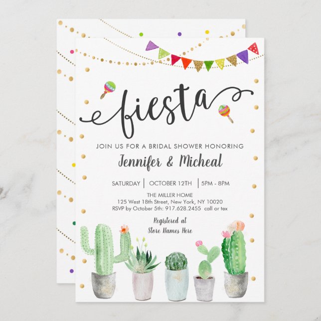 Invitation Fête des mariées Fiesta Cactus Couples (Devant / Derrière)
