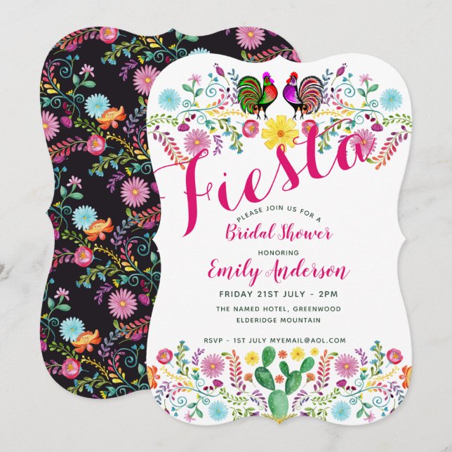 Invitation Fête des mariées Fiesta mexicaine Roosters Fleurs  (Devant / Derrière)