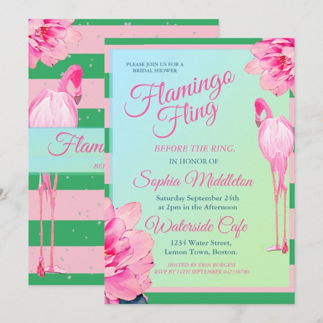 Invitation Fête des mariées Flamant rose Fling vert rose rose (Devant / Derrière)