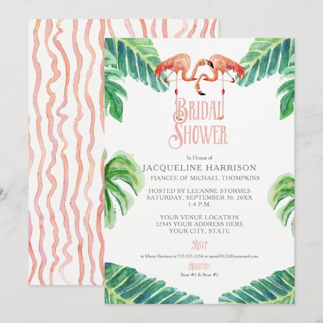 Invitation Fête des mariées Flamant rose rose feuille d'aquar (Devant / Derrière)