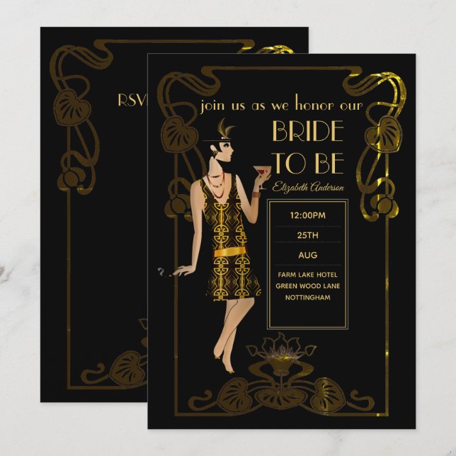 Invitation Fête des mariées Flapper Art Déco Gatsby des année (Devant / Derrière)