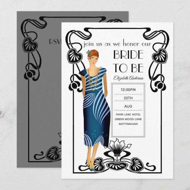 Invitation Fête des mariées Flapper Art Déco Gatsby des année (Devant / Derrière)