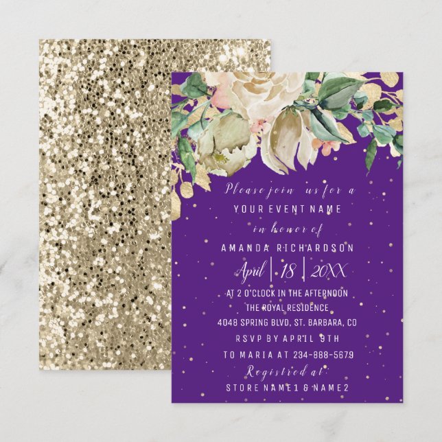 Invitation Fête des mariées Fleur Brunch Mint Aquarelle viole (Devant / Derrière)