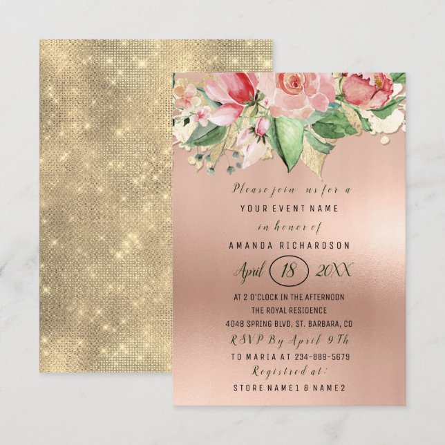 Invitation Fête des mariées Fleur Brunch Monnaie Roses rose p (Devant / Derrière)