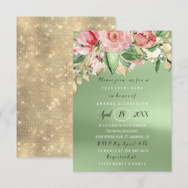Invitation Fête des mariées Fleur Brunch Verdure Monnaie d'or (Devant / Derrière)