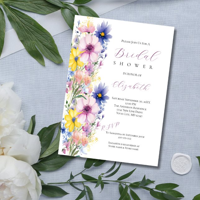 Invitation Fête des mariées fleur sauvage bleu rose jaune (Wildflower Watercolor Bridal Shower Invitation. Pink Yellow Blue Flowers, Printed or Digital )