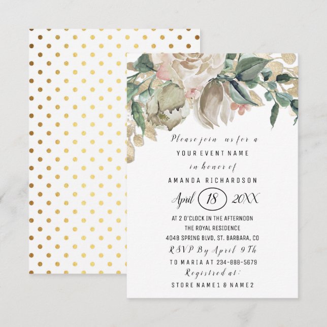 Invitation Fête des mariées Fleur vert Parties scintillant or (Devant / Derrière)