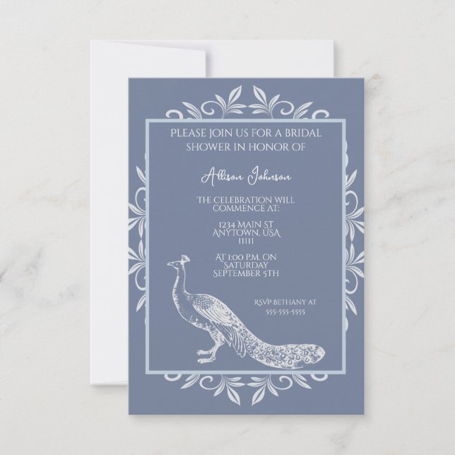 Invitation Fête des mariées fleurie Dusty Blue Peacock (Devant)