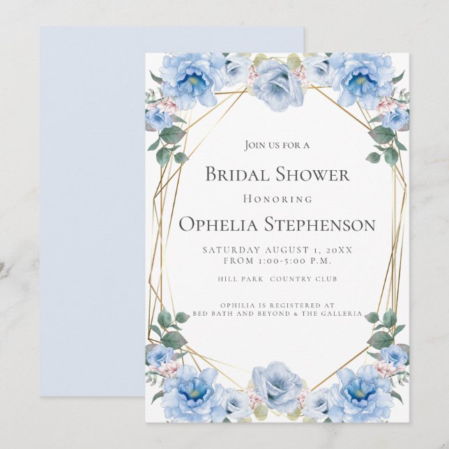 Invitation FÊTE DES MARIÉES | Fleurs bleu aquarelle (Devant / Derrière)