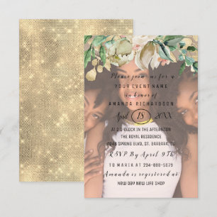 Invitation Fête des mariées Fleurs Photo Gold Spark Wreath