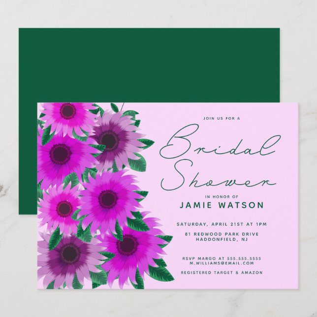Invitation Fête des mariées | Fleurs roses néon (Devant / Derrière)